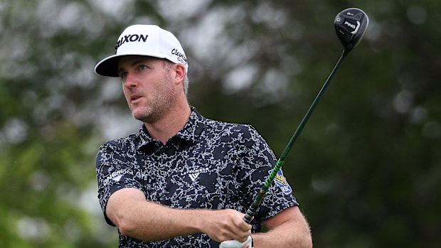 Taylor Pendrith plays his shot on the 10th hole during the first round of the 2025 3M Open