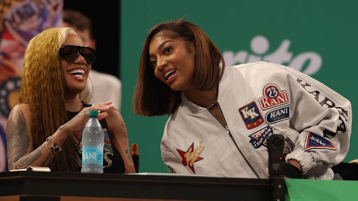 Mar 31, 2025; Brooklyn, New York, USA; Chicago Sky forward Angel Reese talks to recording artist GloRilla during the Sprite Jam Fest at Barclay's Center. Mandatory Credit: Pamela Smith-Imagn Images