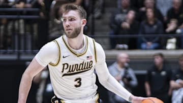 Dec 6, 2025; West Lafayette, Indiana, USA; Purdue Boilermakers guard Braden Smith (3) dribbles the ball during the second half against the Iowa State Cyclones at Mackey Arena. Mandatory Credit: Jacob Musselman-Imagn Images