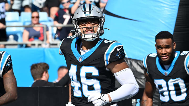 Oct 29, 2023; Charlotte, North Carolina, USA; Carolina Panthers linebacker Eku Leota (46) runs on to the field at Bank of America Stadium. Mandatory Credit: Bob Donnan-USA TODAY Sports