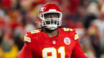 Jan 26, 2025; Kansas City, MO, USA; Kansas City Chiefs defensive tackle Derrick Nnadi (91) against the Buffalo Bills in the AFC Championship game at GEHA Field at Arrowhead Stadium. Mandatory Credit: Mark J. Rebilas-Imagn Images
