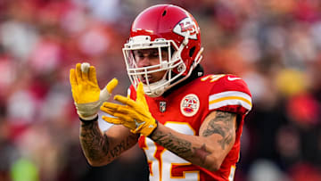 Jan 30, 2022; Kansas City, Missouri, USA; Kansas City Chiefs free safety Tyrann Mathieu (32) celebrates during the second half of the AFC Championship game against the Cincinnati Bengals at GEHA Field at Arrowhead Stadium. Mandatory Credit: Jay Biggerstaff-Imagn Images
