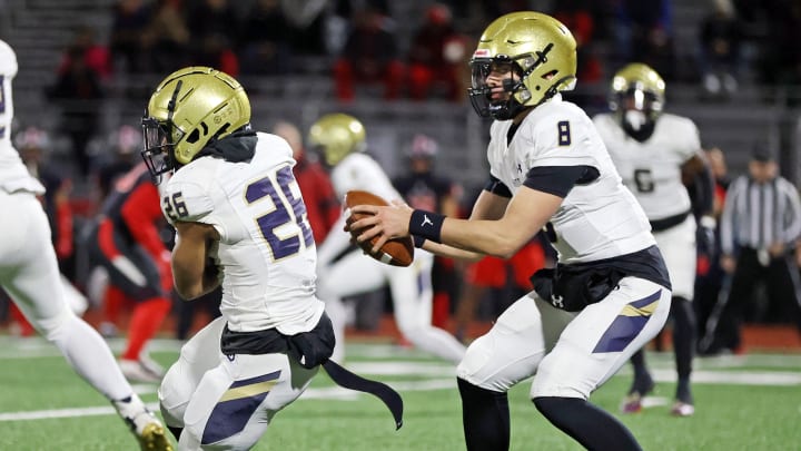 Stone Saunders of Bishop McDevitt takes a snap and surveys the field in a win over Aliquippa in the PIAA Class 4A state championship game. 