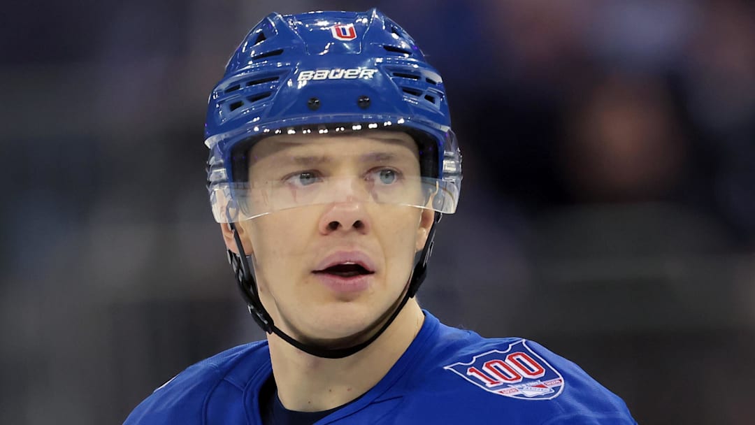 Jan 5, 2026; New York, New York, USA; New York Rangers left wing Artemi Panarin (10) skates against the Utah Mammoth during the second period at Madison Square Garden.