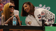 Chicago Sky forward Angel Reese talks to recording artist GloRilla during the Sprite Jam Fest.