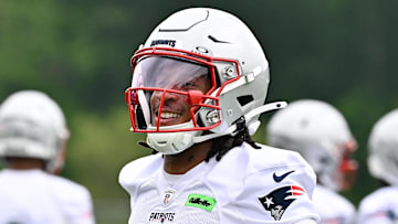 Jun 9, 2025; Foxborough, MA, USA; New England Patriots wide receiver Kyle Williams (18) reacts after completing a drill during minicamp at Gillette Stadium. Mandatory Credit: Eric Canha-Imagn Images