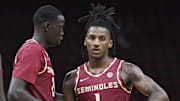 Nov 9, 2024; Houston, Texas, USA; Florida State Seminoles guard Jamir Watkins (1) reacts after a foul is called during the first half against the Rice Owls at Toyota Center. Mandatory Credit: Troy Taormina-Imagn Images