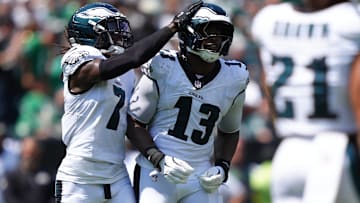 Philadelphia Eagles linebacker Azeez Ojulari (13) reacts after recording a sack against the Cleveland Browns in the first half at Lincoln Financial Field.
