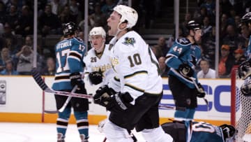 March 27, 2008; San Jose, CA, USA;  Dallas Stars left wing (10) Brendan Morrow celebrates his 1st period goal against the San Jose Sharks at the HP Pavilion. Mandatory Credit: James Guillory-USA TODAY Sports