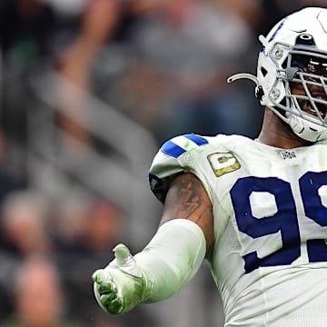 Nov 13, 2022; Paradise, Nevada, USA; Indianapolis Colts defensive tackle DeForest Buckner (99) reacts after sacking Las Vegas Raiders quarterback Derek Carr (4) during the second half at Allegiant Stadium. 