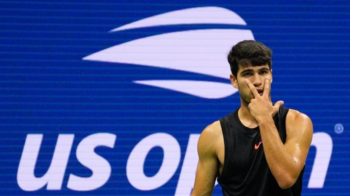 Aug 29, 2024; Flushing, NY, USA;  Carlos Alcaraz of Spain after a miss to Botic van De Zandschulp of the Netherlands on day four of the 2024 U.S. Open tennis tournament at USTA Billie Jean King National Tennis Center. Mandatory Credit: Robert Deutsch-USA TODAY Sports