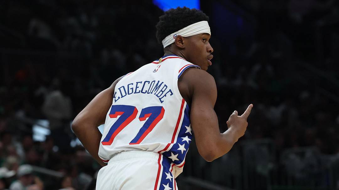 May 2, 2026; Boston, Massachusetts, USA; Philadelphia 76ers guard Vj Edgecombe (77) heads back down court after making a three point basket against the Boston Celtics during the first quarter of game seven of the first round of the 2026 NBA Playoffs at TD Garden. Mandatory Credit: Winslow Townson-Imagn Images
