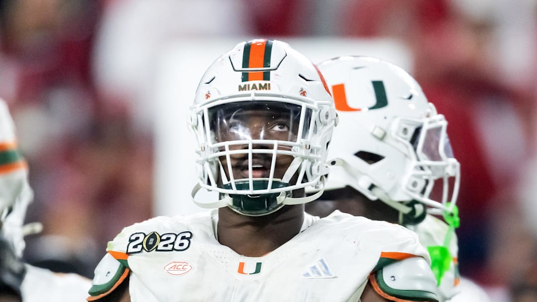 Jan 19, 2026; Miami Gardens, FL, USA; Miami Hurricanes defensive lineman Rueben Bain Jr. (4) against the Indiana Hoosiers during the College Football Playoff National Championship game at Hard Rock Stadium. Mandatory Credit: Mark J. Rebilas-Imagn Images