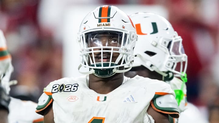 Jan 19, 2026; Miami Gardens, FL, USA; Miami Hurricanes defensive lineman Rueben Bain Jr. (4) against the Indiana Hoosiers during the College Football Playoff National Championship game at Hard Rock Stadium. Mandatory Credit: Mark J. Rebilas-Imagn Images