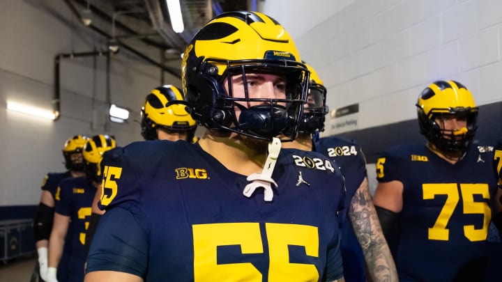 Jan 8, 2024; Houston, TX, USA; Michigan Wolverines defensive lineman Mason Graham (55) against the Washington Huskies during the 2024 College Football Playoff national championship game at NRG Stadium. Mandatory Credit: Mark J. Rebilas-USA TODAY Sports