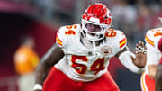 Aug 9, 2025; Glendale, Arizona, USA; Kansas City Chiefs offensive tackle Wanya Morris (64) against the Arizona Cardinals during a preseason NFL game at State Farm Stadium. Mandatory Credit: Mark J. Rebilas-Imagn Images