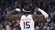 Oct 27, 2025; Salt Lake City, Utah, USA; Phoenix Suns center Mark Williams (15) reacts to a play against the Utah Jazz during the second half at Delta Center. Mandatory Credit: Rob Gray-Imagn Images