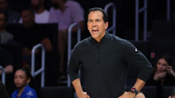 Oct 6, 2025; Miami, Florida, USA; Miami Heat Head Coach Erik Spoelstra reacts against the Milwaukee Bucks during the third quarter at Kaseya Center. Mandatory Credit: Sam Navarro-Imagn Images