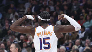 Oct 27, 2025; Salt Lake City, Utah, USA; Phoenix Suns center Mark Williams (15) reacts to a play against the Utah Jazz during the second half at Delta Center. Mandatory Credit: Rob Gray-Imagn Images