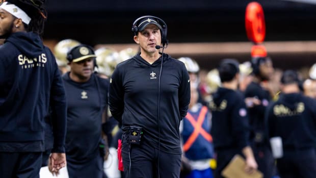 Jan 7, 2024; New Orleans, Louisiana, USA;  New Orleans Saints head coach Dennis Allen looks on against the Atlanta Falcons during the first half at Caesars Superdome. Mandatory Credit: Stephen Lew-USA TODAY Sports
