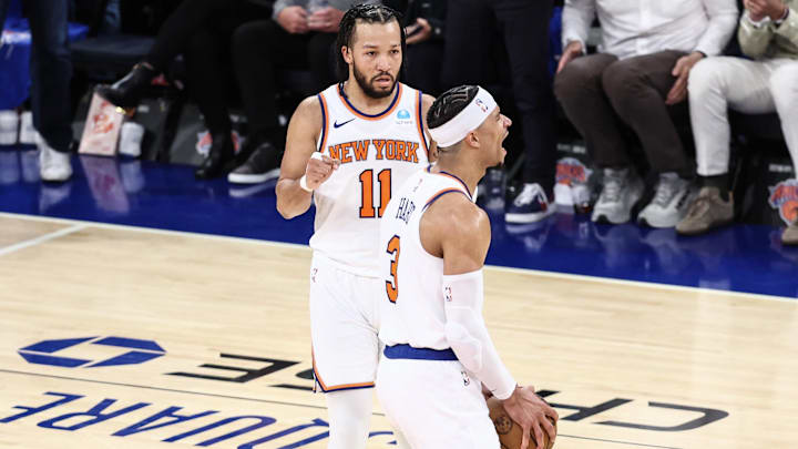 Apr 20, 2024; New York, New York, USA; New York Knicks guard Josh Hart (3) celebrates with guard Jalen Brunson (11) in the fourth quarter against the Philadelphia 76ers in game one of the first round for the 2024 NBA playoffs at Madison Square Garden. Mandatory Credit: Wendell Cruz-Imagn Images