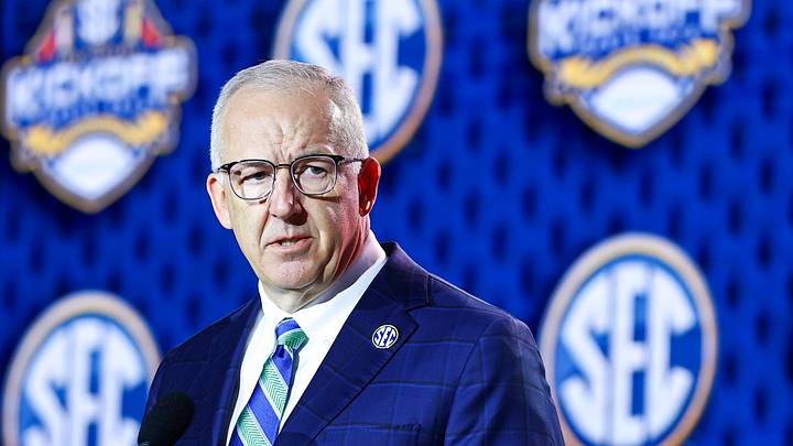 Jul 20, 2026; Tampa, FL, USA; SEC Commissioner Greg Sankey speaks to the press during SEC Football Kickoff Media Day at the Tampa Marriott. Mandatory Credit: Nathan Ray Seebeck-Imagn Images