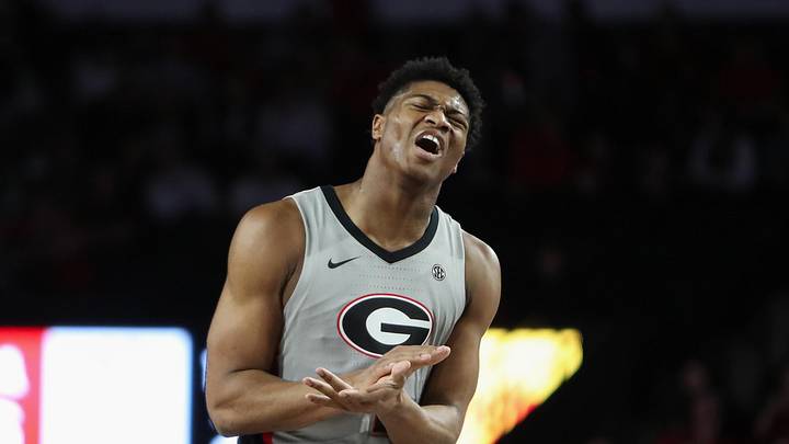 Dec 22, 2025; Athens, Georgia, USA; Georgia Bulldogs forward Kareem Stagg (1) reacts against the West Georgia Wolves in the first half at Stegeman Coliseum. Mandatory Credit: Mady Mertens-Imagn Images
