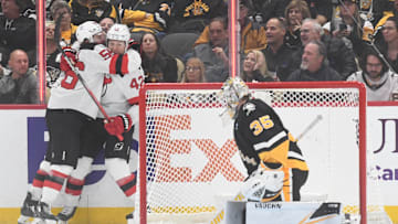 New Jersey Devils' Curtis Lazar (42) and Erik Haula (56) celebrate. Mandatory Credit: Philip G. Pavely-Imagn Images