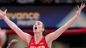 Indiana Fever guard Caitlin Clark (22) yells to the referee Thursday, June 13, 2024, during the game at Gainbridge Fieldhouse in Indianapolis. The Indiana Fever defeated the Atlanta Dream, 91-84.