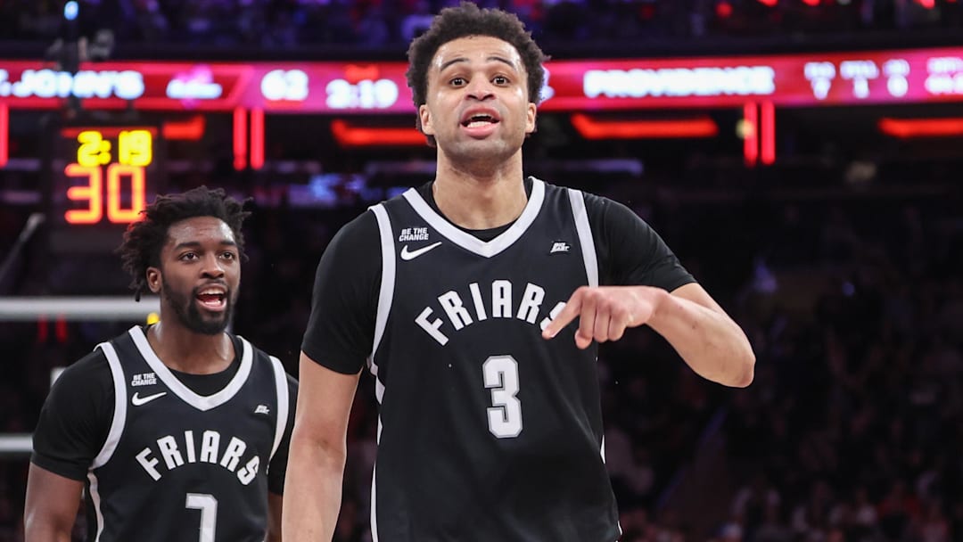 Feb 1, 2025; New York, New York, USA; Providence Friars guard Jabri Abdur-Rahim (3) celebrates after scoring in the second half against the St. John's Red Storm at Madison Square Garden. Feb 1, 2025; New York, New York, USA; Providence Friars guard Jabri Abdur-Rahim (3) celebrates after scoring in the second half against the St. John's Red Storm at Madison Square Garden.