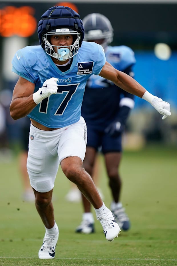 Tennessee Titans wide receiver Chimere Dike runs during an NFL football training camp practice