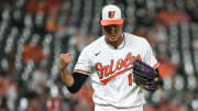 Baltimore Orioles relief pitcher Shintaro Fujinami (14) exacts after the pitching the ninth inning against the St. Louis Cardinals at Oriole Park at Camden Yards in 2023.