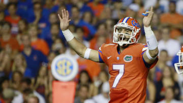 Oct 3, 2015; Gainesville, FL, USA; Florida Gators quarterback Will Grier (7) calls a play against the Mississippi Rebels during the first half at Ben Hill Griffin Stadium. Mandatory Credit: Kim Klement-USA TODAY Sports