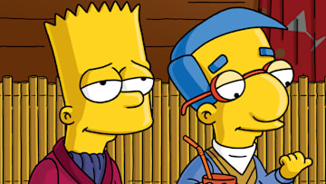 THE SIMPSONS: When Bart fishes Homer's vintage "Playdude" magazines out of the trash, he decides to adopt the ring-a-ding-ding lifestyle of the 1970s, as interpreted by a ten-year-old. Actor James Caan guest-stars as himself on the seanon premiere episode of THE SIMPSONS airing Sunday, Nov. 24 (8:00-8:30 PM ET/PT) on FOX. Pictured L-R: Bart and Millhouse.