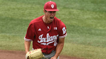 Indiana's Ty Bothwell (41) celebrates after striking out Southern Miss' Gabe Broadus (27) to end the third inning of the NCAA Baseball Tournament Knoxville Regional at Lindsey Nelson Stadium on Friday, May 31, 2024 in Knoxville, Tenn.