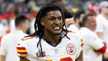 Feb 9, 2025; New Orleans, LA, USA;  Kansas City Chiefs running back Isiah Pacheco (10) against the Philadelphia Eagles in Super Bowl LIX at Ceasars Superdome. Mandatory Credit: Mark J. Rebilas-Imagn Images