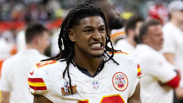 Feb 9, 2025; New Orleans, LA, USA;  Kansas City Chiefs running back Isiah Pacheco (10) against the Philadelphia Eagles in Super Bowl LIX at Ceasars Superdome. Mandatory Credit: Mark J. Rebilas-Imagn Images