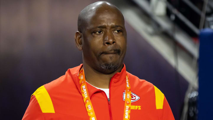 Feb 12, 2023; Glendale, Arizona, US; Kansas City Chiefs defensive backs coach Dave Merritt against the Philadelphia Eagles during Super Bowl LVII at State Farm Stadium. Mandatory Credit: Mark J. Rebilas-USA TODAY Sports