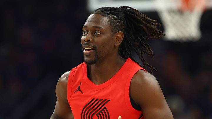 Apr 14, 2026; Phoenix, Arizona, USA; Portland Trail Blazers guard Jrue Holiday (5) reacts against the Phoenix Suns in the first half during the play-in rounds of the 2026 NBA Playoffs at Mortgage Matchup Center. Mandatory Credit: Mark J. Rebilas-Imagn Images