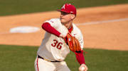 Lefty Parker Coil throws a pitch against Charlotte. The Razorbacks won 4-3. 