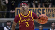 Dec 6, 2025; West Lafayette, Indiana, USA; Iowa State Cyclones guard Tamin Lipsey (3) dribbles the ball during the first half against the Purdue Boilermakers at Mackey Arena. 