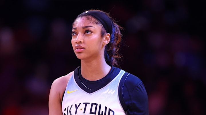 Aug 28, 2025; Phoenix, Arizona, USA; Chicago Sky forward Angel Reese (5) against the Phoenix Mercury at Phx Arena. Mandatory Credit: Mark J. Rebilas-Imagn Images