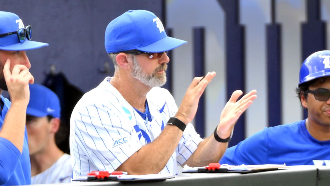 Jun 7, 2025; Durham, NC, USA;  Duke Blue Devils head coach Chris Pollard reacts to the Blue Devils' play against the Murray State Racers in the second inning. 