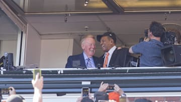 Oct 2, 2016; San Francisco, CA, USA;  Hall of Fame Baseball Player Willie Mays and Vin Scully during the game with San Francisco Giants against the Los Angeles Dodgers at AT&T Park. Rob Menschel is pointing the camera at the two Hall of Famers.