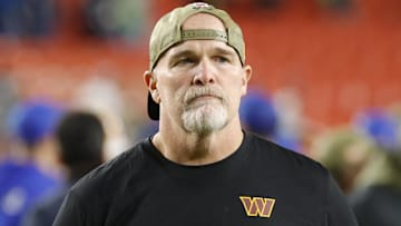 Nov 2, 2025; Landover, Maryland, USA; Washington Commanders head coach Dan Quinn walks off the field after the loss to Seattle Seahawks at Northwest Stadium.