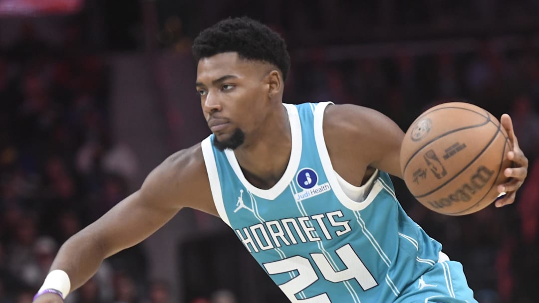 Oct 22, 2025; Charlotte, North Carolina, USA; Charlotte Hornets forward Brandon Miller (24) drives over Brooklyn Nets forward Jalen Wilson (22) during the second half at the Spectrum Center. Mandatory Credit: Sam Sharpe-Imagn Images Oct 22, 2025; Charlotte, North Carolina, USA; Charlotte Hornets forward Brandon Miller (24) drives over Brooklyn Nets forward Jalen Wilson (22) during the second half at the Spectrum Center. Mandatory Credit: Sam Sharpe-Imagn Images
