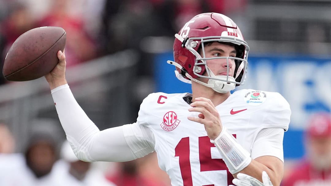 Jan 1, 2026; Pasadena, CA, USA; Alabama Crimson Tide quarterback Ty Simpson (15) passes against the Indiana Hoosiers in the first half of the 2026 Rose Bowl and quarterfinal game of the College Football Playoff at Rose Bowl Stadium. Mandatory Credit: Kirby Lee-Imagn Images