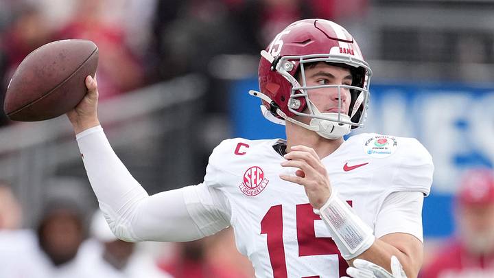 Jan 1, 2026; Pasadena, CA, USA; Alabama Crimson Tide quarterback Ty Simpson (15) passes against the Indiana Hoosiers in the first half of the 2026 Rose Bowl and quarterfinal game of the College Football Playoff at Rose Bowl Stadium. Mandatory Credit: Kirby Lee-Imagn Images