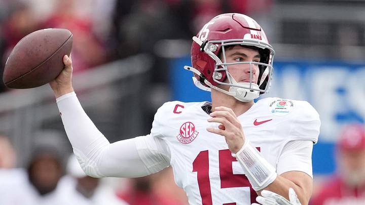 Jan 1, 2026; Pasadena, CA, USA; Alabama Crimson Tide quarterback Ty Simpson (15) passes against the Indiana Hoosiers in the first half of the 2026 Rose Bowl and quarterfinal game of the College Football Playoff at Rose Bowl Stadium. Mandatory Credit: Kirby Lee-Imagn Images