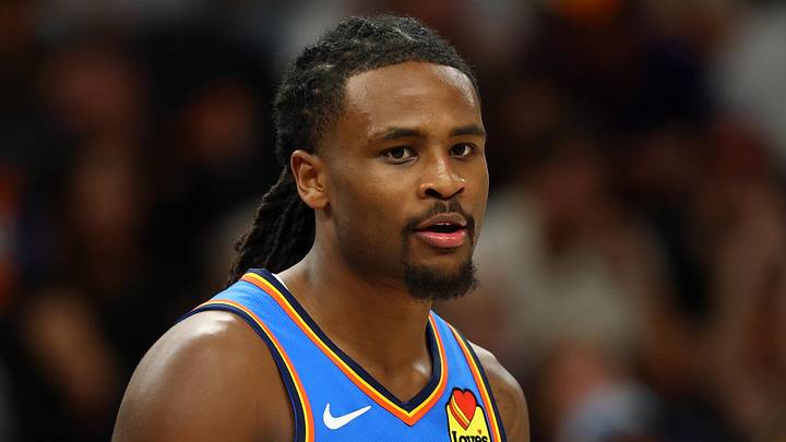 Apr 27, 2026; Phoenix, Arizona, USA; Oklahoma City Thunder guard Cason Wallace (22) against the Phoenix Suns during game four of the first round of the 2026 NBA Playoffs at Mortgage Matchup Center. Mandatory Credit: Mark J. Rebilas-Imagn Images